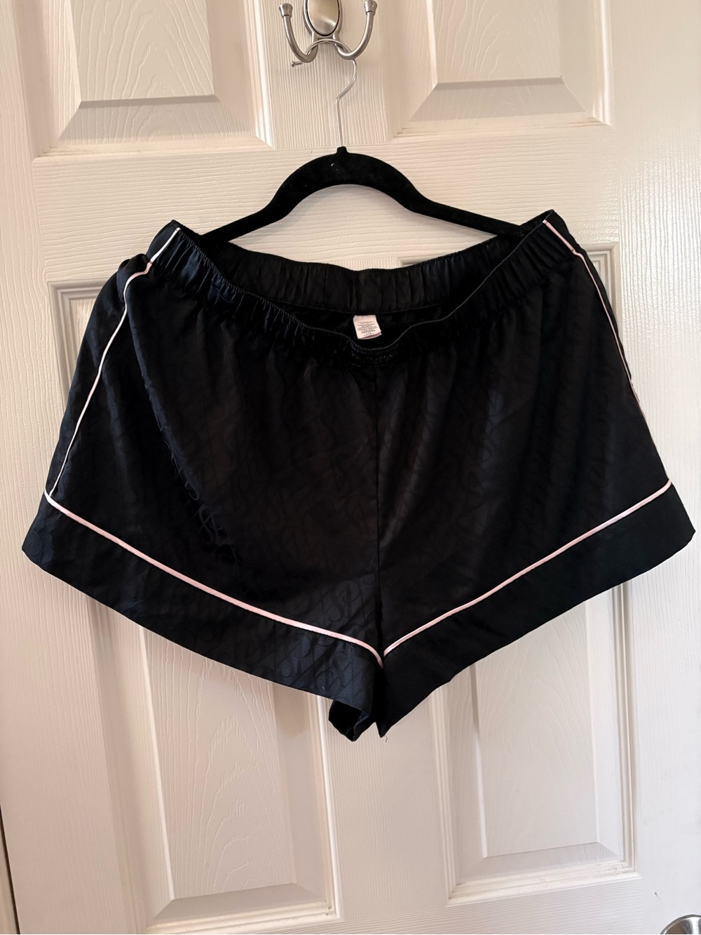 Victoria's Secret Black Satin Logo Pajama Set with White Piping